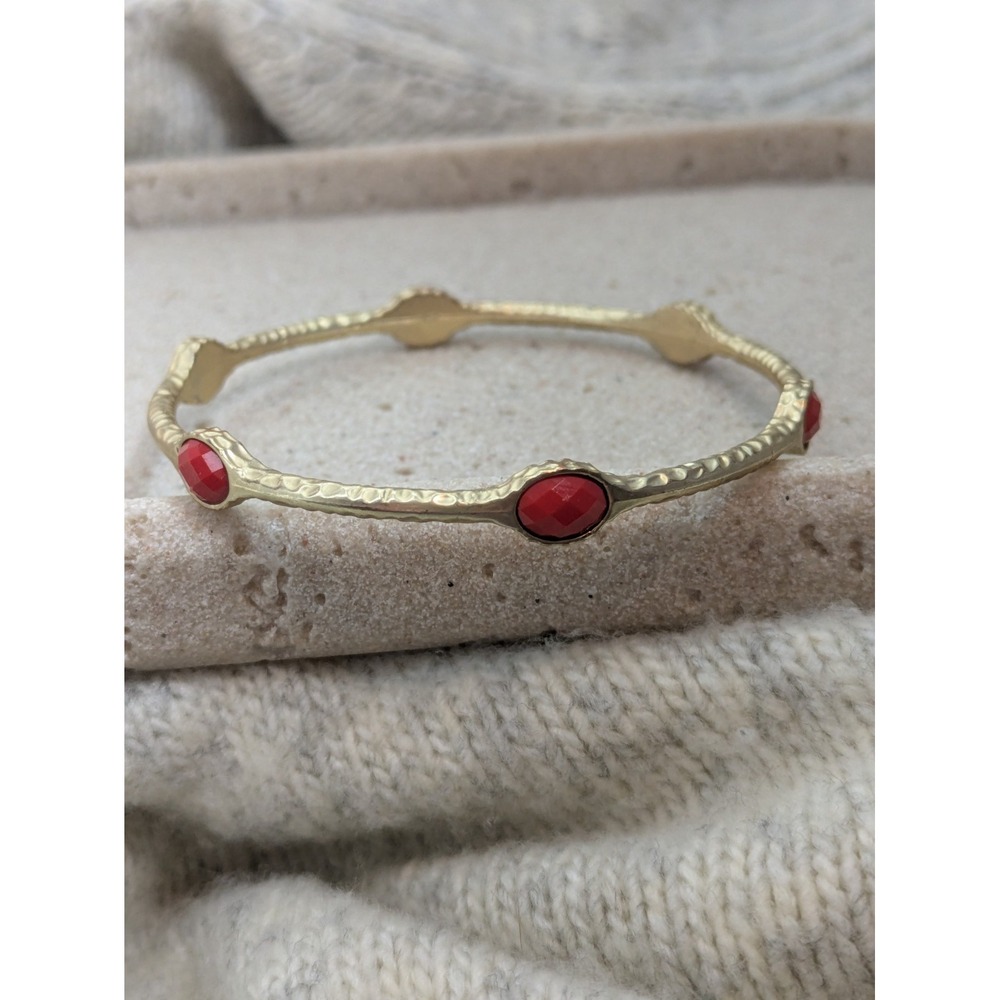 Gold Tone Bangle Bracelet With Coral Red Cabachon Beads Hammered Layering Stack